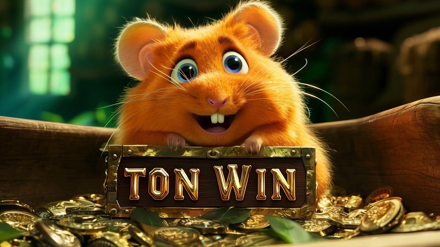 Tonwin.win — TON WIN golden wooden sign with TON crypto coins, hosted by the Tonwin mascot